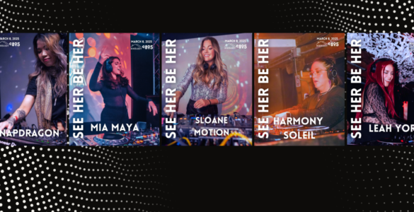 Promotional banner featuring five musicians performing, named Snapdragon, Mia Maya, Sloane Motion, Harmony Soleil, and Leah York, set against a visually dynamic background with their names highlighted.