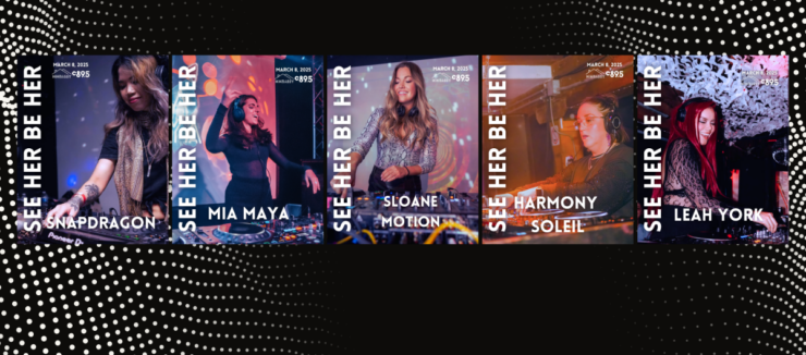 Promotional banner featuring five musicians performing, named Snapdragon, Mia Maya, Sloane Motion, Harmony Soleil, and Leah York, set against a visually dynamic background with their names highlighted.