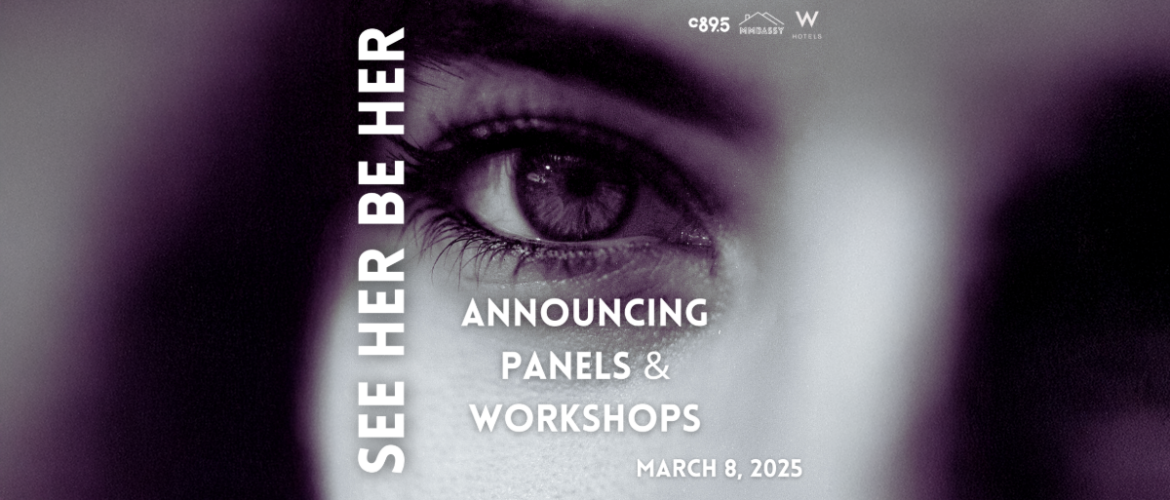 Close-up of an eye in a promotional banner for "See Her Be Her," announcing panels and workshops on March 8, 2025, hosted by Warner Bros. and featuring their logo.