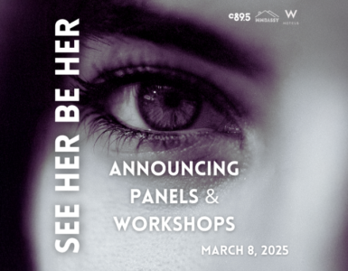 Close-up of an eye in a promotional banner for "See Her Be Her," announcing panels and workshops on March 8, 2025, hosted by Warner Bros. and featuring their logo.