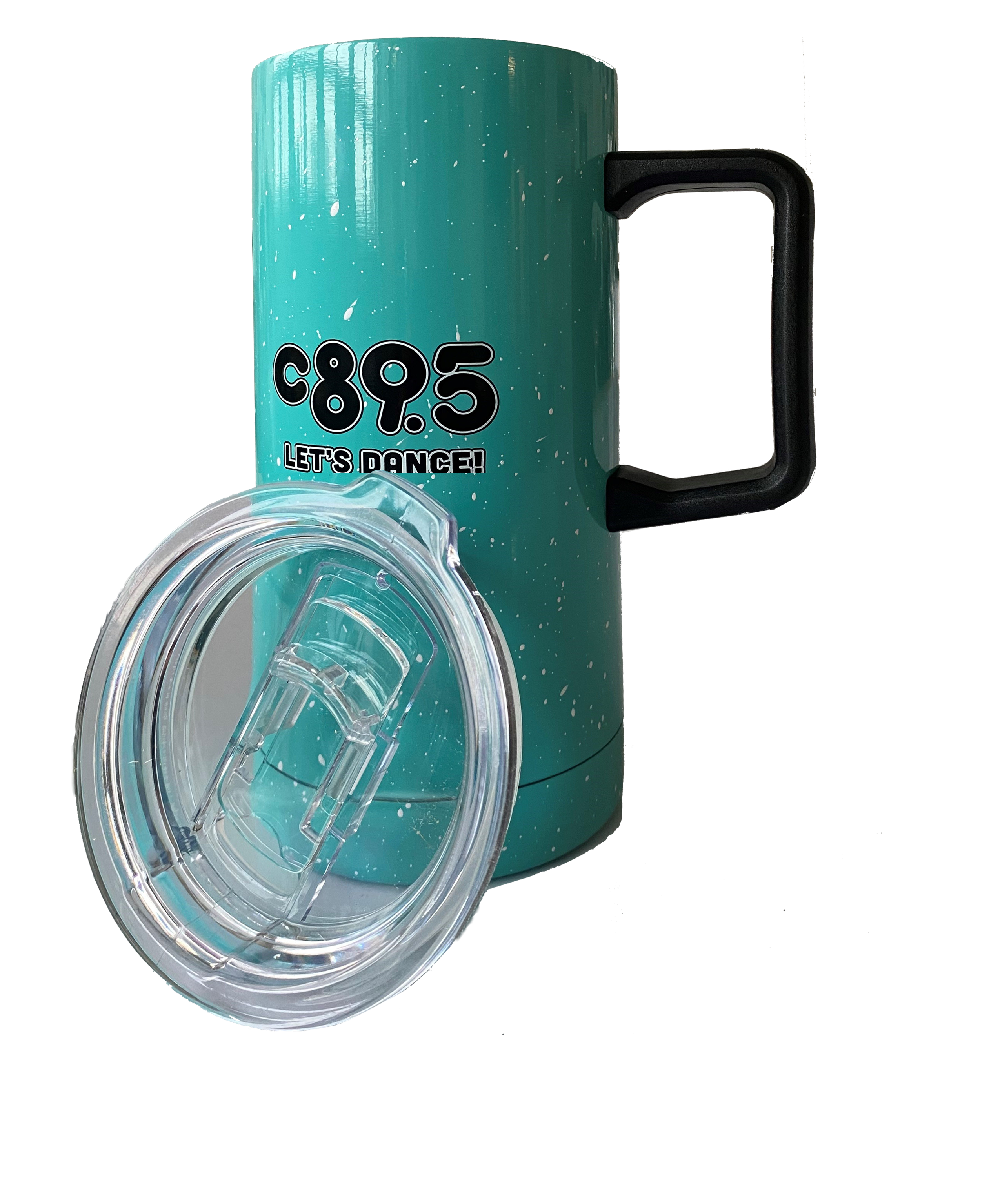 a photo of a tall, greeh, steel, insulated travel mug.