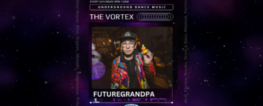 Promotional image for FUTUREGRANDPA, featuring the artist in a colorful jacket and cap, holding a yellow rubber duck, with logos for The Vortex and C89.5 FM.