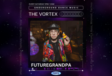 Promotional image for FUTUREGRANDPA, featuring the artist in a colorful jacket and cap, holding a yellow rubber duck, with logos for The Vortex and C89.5 FM.