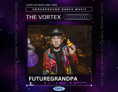 Promotional image for FUTUREGRANDPA, featuring the artist in a colorful jacket and cap, holding a yellow rubber duck, with logos for The Vortex and C89.5 FM.