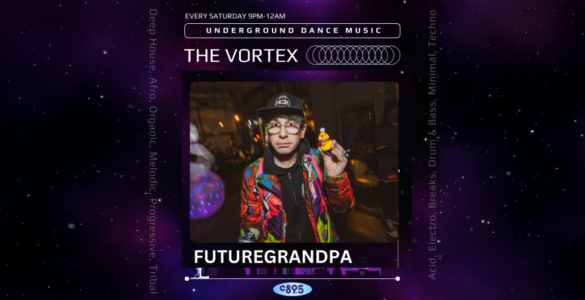 Promotional image for FUTUREGRANDPA, featuring the artist in a colorful jacket and cap, holding a yellow rubber duck, with logos for The Vortex and C89.5 FM.