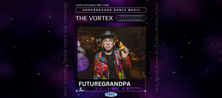 Promotional image for FUTUREGRANDPA, featuring the artist in a colorful jacket and cap, holding a yellow rubber duck, with logos for The Vortex and C89.5 FM.