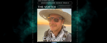 Promotional image for "The Vortex" underground dance music event featuring DJ Citrus Age, who is wearing sunglasses and a straw hat, with a sunset background.