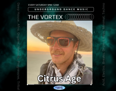 Promotional image for "The Vortex" underground dance music event featuring DJ Citrus Age, who is wearing sunglasses and a straw hat, with a sunset background.