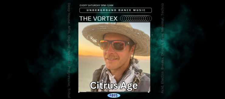 Promotional image for "The Vortex" underground dance music event featuring DJ Citrus Age, who is wearing sunglasses and a straw hat, with a sunset background.