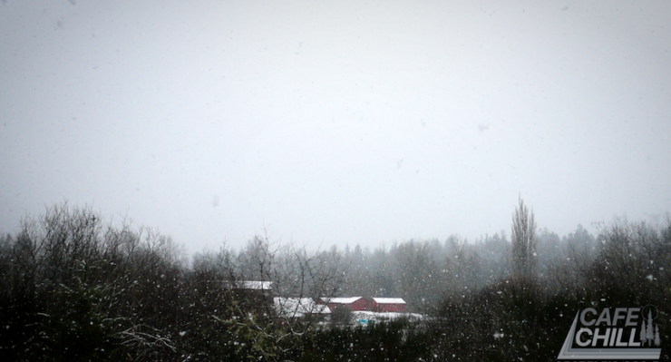 Snow gently falls on a distant farm, surrounded by bare deciduous trees. The farm features several red buildings with snow-covered roofs, under a winter-gray sky.