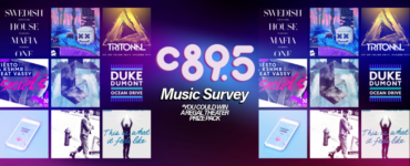 Promotional banner for C89.5 Music Survey featuring album covers and names of various artists including Swedish House Mafia, Tritonal, Duke Dumont, and others, with a colorful and vibrant design.