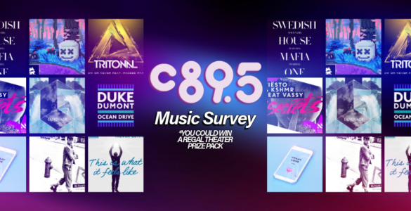 Promotional banner for C89.5 Music Survey featuring album covers and names of various artists including Swedish House Mafia, Tritonal, Duke Dumont, and others, with a colorful and vibrant design.