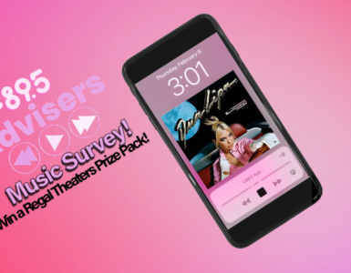 Promotional banner featuring a smartphone displaying Dua Lipa's album on its screen, accompanied by headphones and text announcing a music survey with a chance to win a Regal Theater Prize Pack.