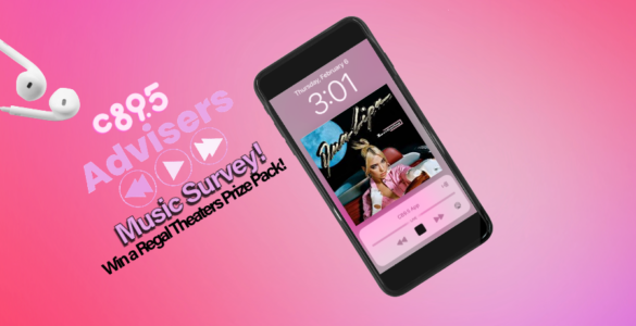 Promotional banner featuring a smartphone displaying Dua Lipa's album on its screen, accompanied by headphones and text announcing a music survey with a chance to win a Regal Theater Prize Pack.