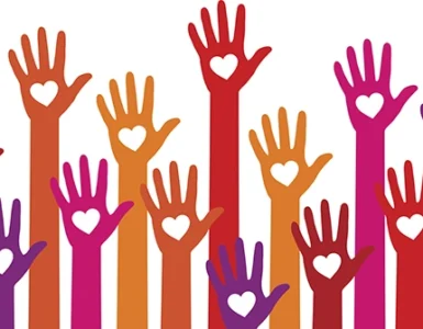 a graphic of multi-colored hands held up high, with a heart silhouette in the palm of each hand.