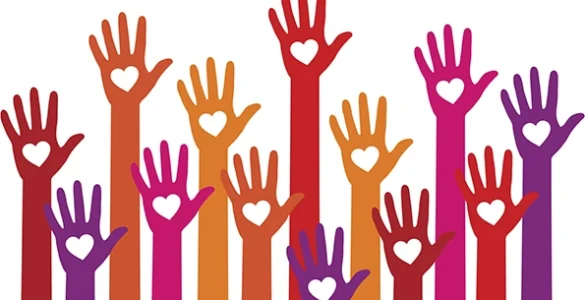 a graphic of multi-colored hands held up high, with a heart silhouette in the palm of each hand.