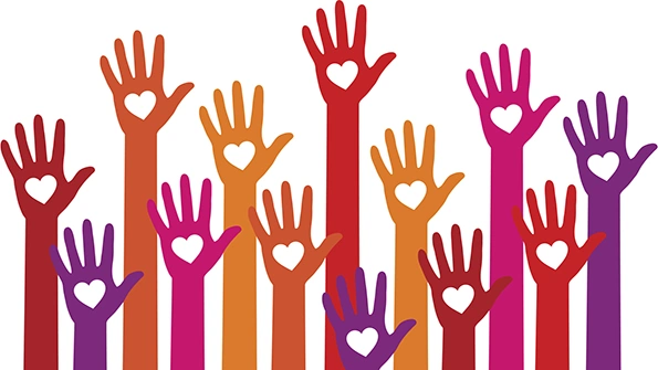 a graphic of multi-colored hands held up high, with a heart silhouette in the palm of each hand.