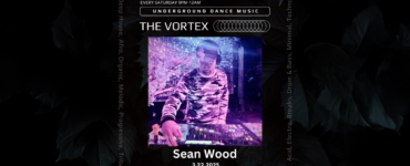 Promotional poster for "The Vortex" underground dance music event featuring DJ Sean Wood playing at a console, event scheduled for March 22, 2025. The design includes a vibrant purple and blue color scheme with text and decorative elements reflecting the theme of electronic, house, and techno music.