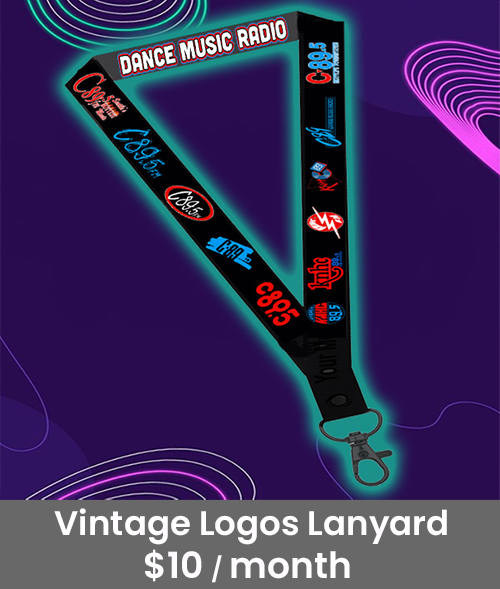 Black lanyard with c89.5 vintage logos all over it.