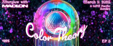 Promotional banner for 'Afterglow with Madeon: Color Theory' event. Features vibrant, colorful graphics with a luminous holographic sphere and date 'March 9, 2025'.