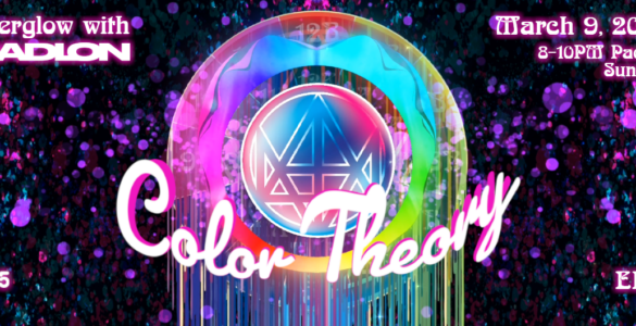 Promotional banner for 'Afterglow with Madeon: Color Theory' event. Features vibrant, colorful graphics with a luminous holographic sphere and date 'March 9, 2025'.