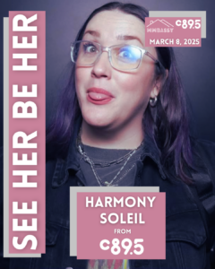 Promotional poster for a DJ event from C89.5, with vibrant lighting and text announcing 'SEE HER BE HER' on March 8, 2025.