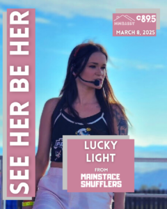 Promotional poster for a DJ event featuring Madlon from C89.5, with vibrant lighting and text announcing 'SEE HER BE HER' on March 8, 2025.