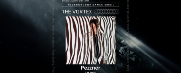 Promotional poster for 'The Vortex' underground dance music event featuring DJ Pezzner, scheduled for March 15, 2025. The poster has a visually striking design with wavy black and white lines in the background and central image of the DJ peeking through with one hand on their head.